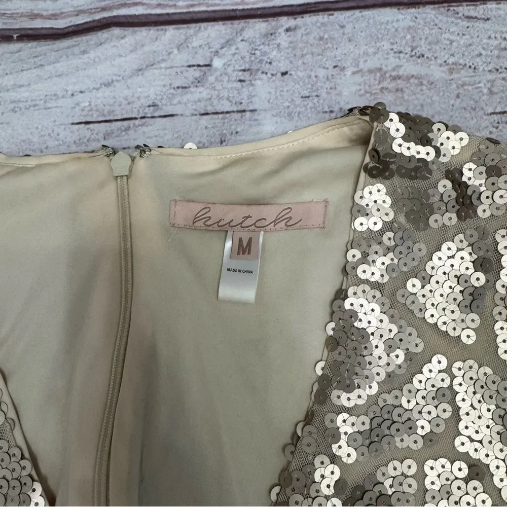 Anthropologie Hutch Champagne Gold Sequin Puff Sleeve Peplum Blouse Size M